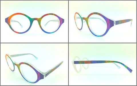 Eyewear product design concept: eyeglass frames printed with bands of red, blue, yellow and green iZoot digital artwork.