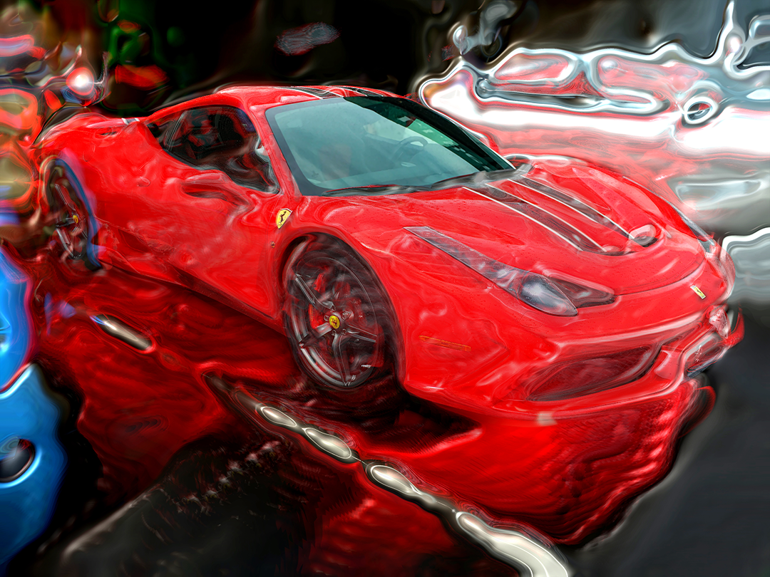 Digital painting of a red Ferrari 458 with its bodywork and surroundings worked into liquid, molten reflections in red, black and chrome.