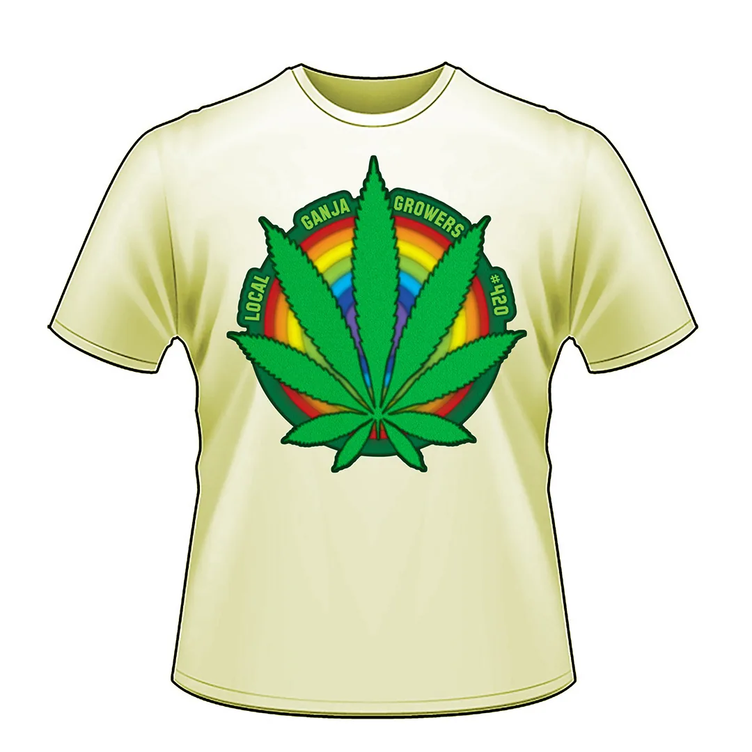 Cream t-shirt shown from the front with a large green cannabis leaf emblem over rainbow arcs reading Local Ganja Growers #420.