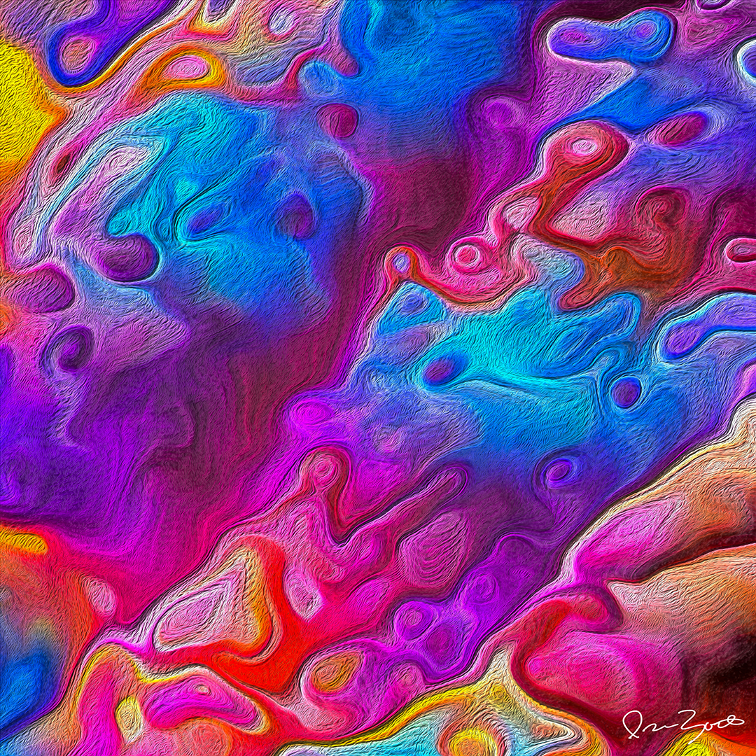 Square abstract digital painting with flowing cyan, magenta, violet and orange forms outlined by fine textured ridges.