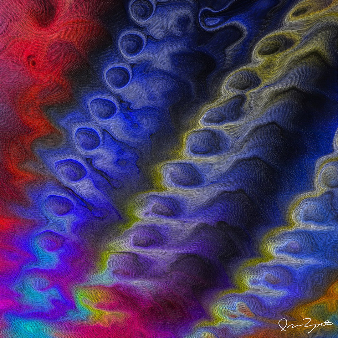 Square abstract digital painting of diagonal scalloped blue ridges with chartreuse highlights and a crimson left edge.