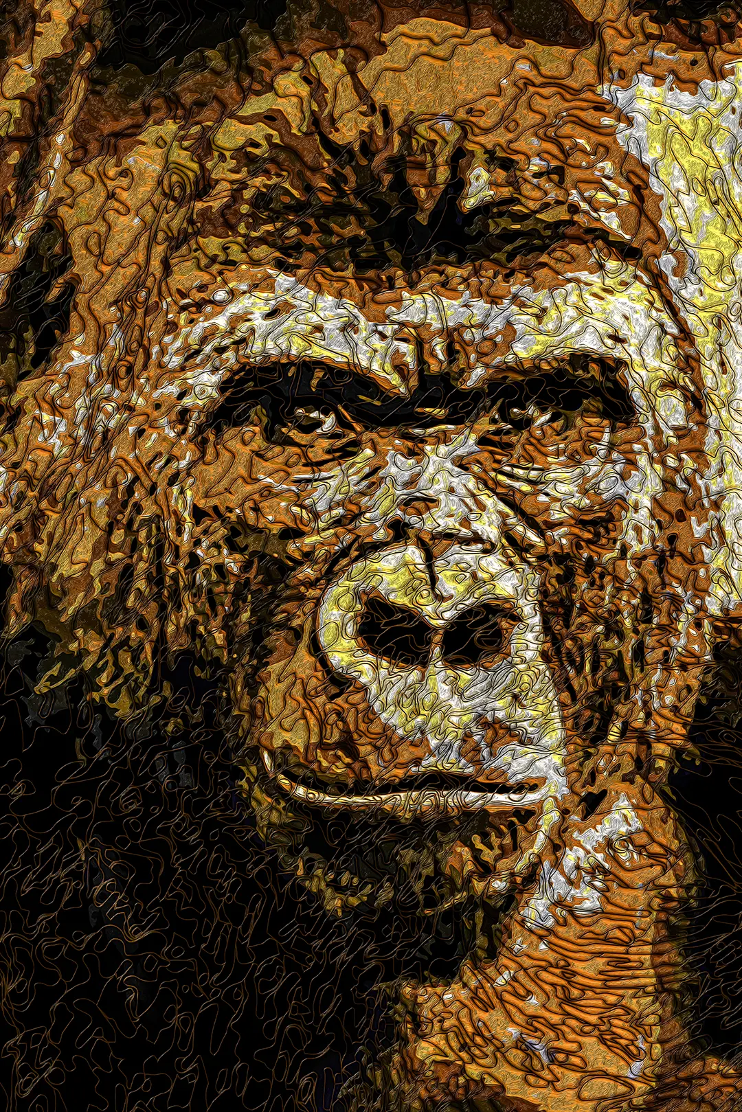 Digital painting portrait of a silverback gorilla in amber, gold and white ink-outlined ripples on a black background.