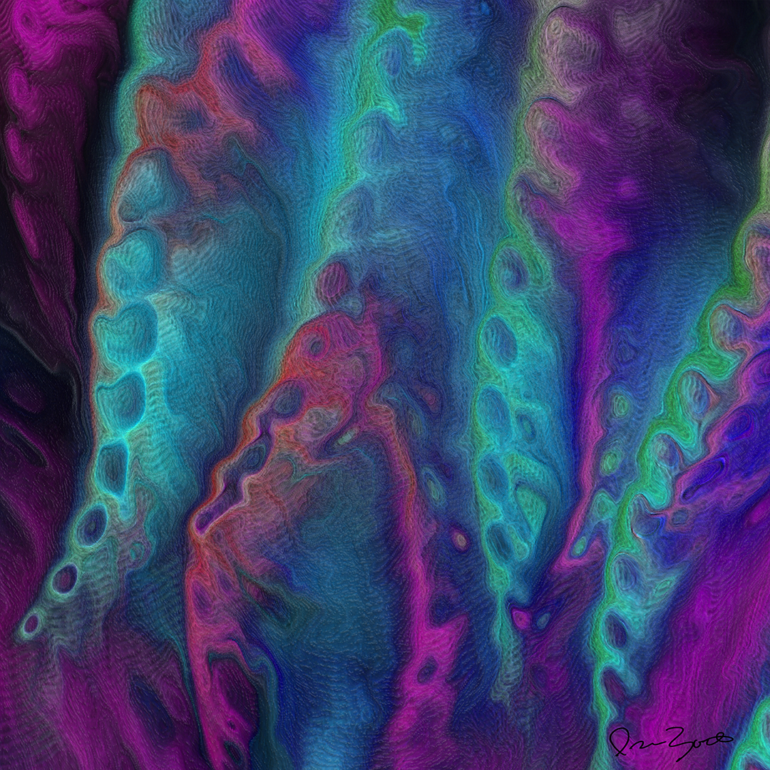 Square abstract digital painting of vertical teal, blue and magenta folds with fine hair-line brush texture and coral seams.