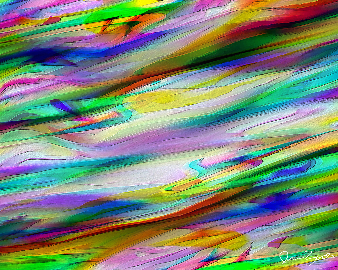Horizontal abstract digital painting of long translucent diagonal strokes in mint, magenta, lilac and yellow with fine dark contour lines.