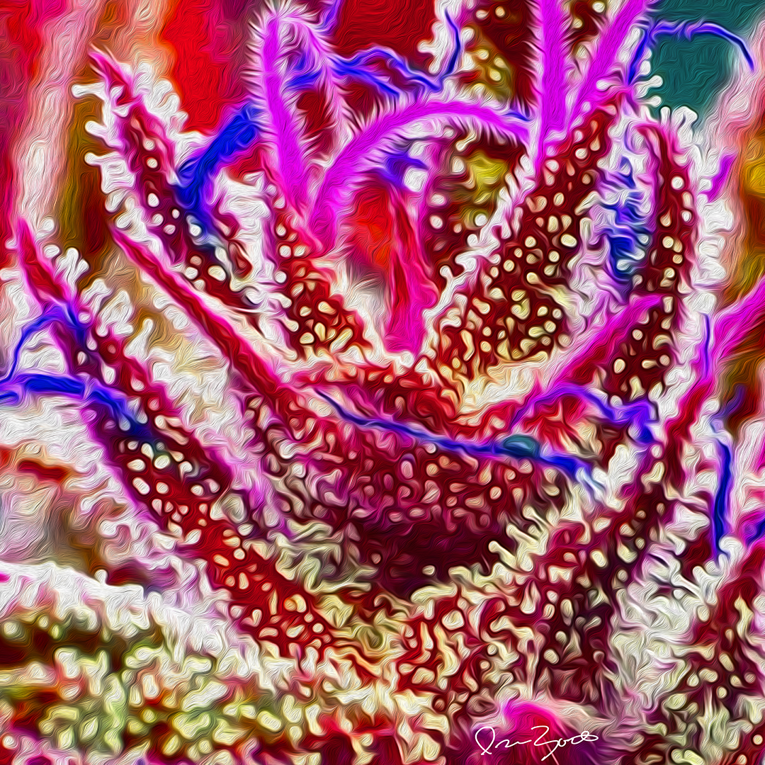 Square abstract digital painting of branching red, magenta and violet forms with cream cellular openings over a pale textured ground.