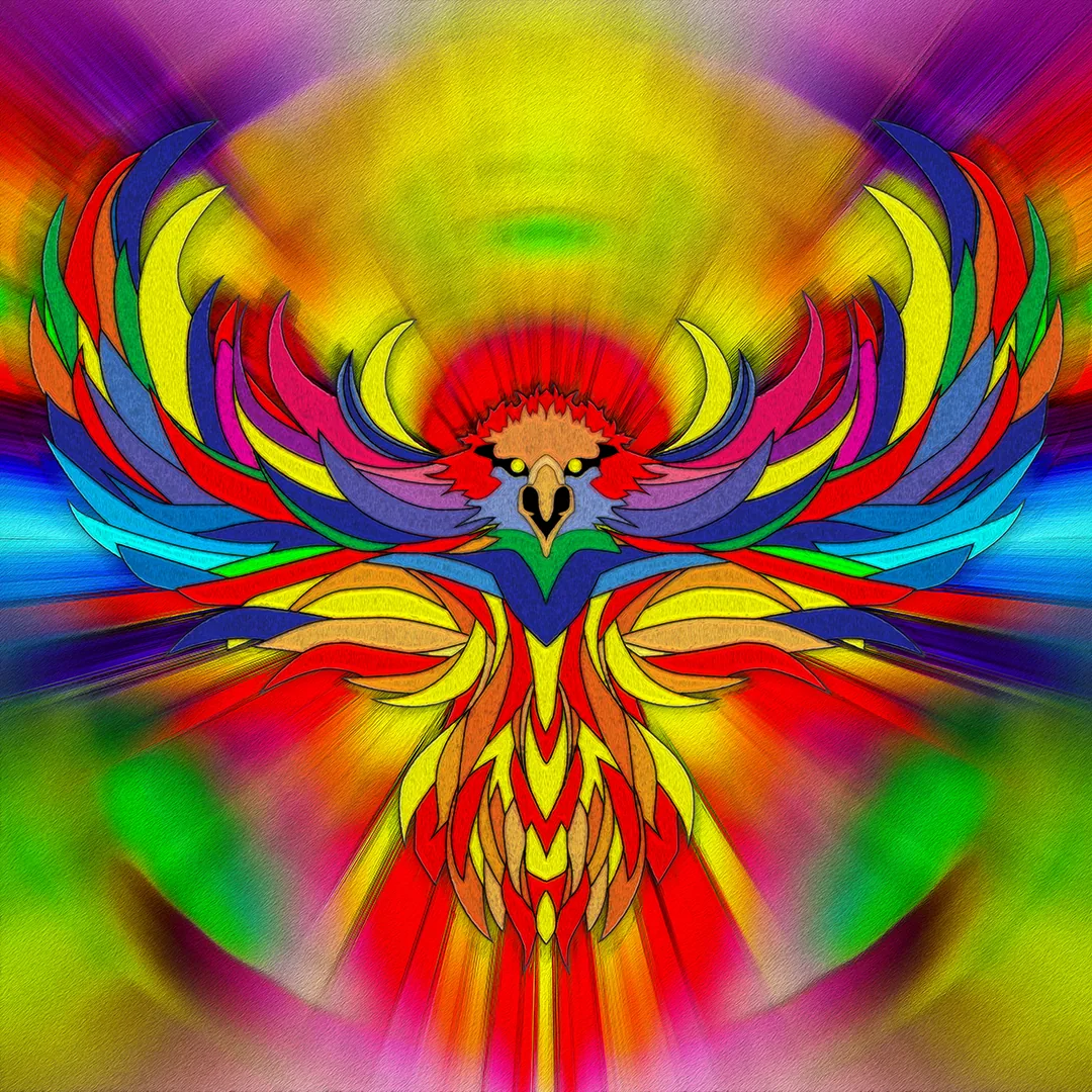 Symmetrical digital painting of an eagle with wings spread, feathers as hard-edged red, yellow and blue shapes on a radiant background.