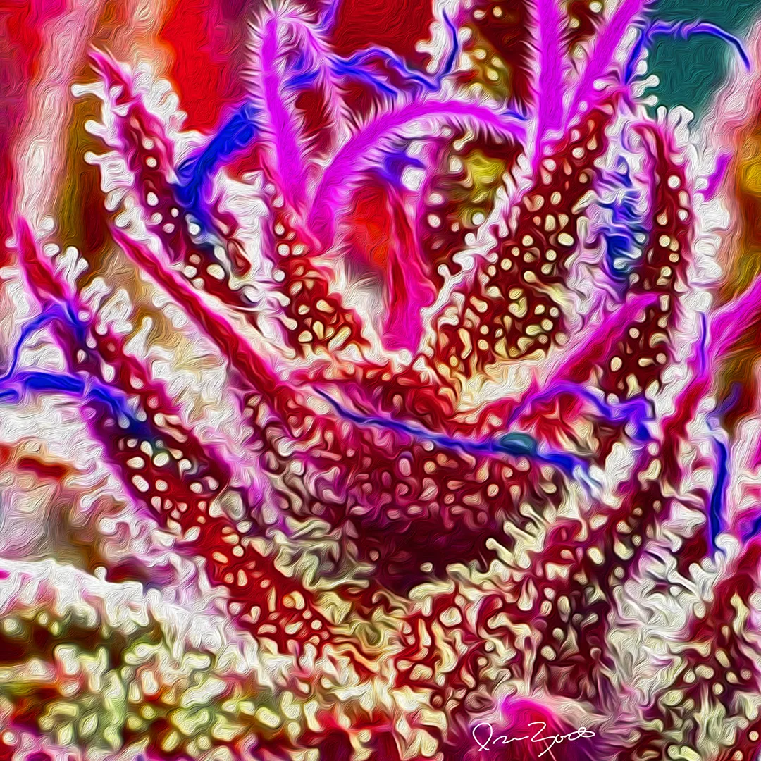 Square abstract digital painting of branching red, magenta and violet forms with cream cellular openings over a pale textured ground.