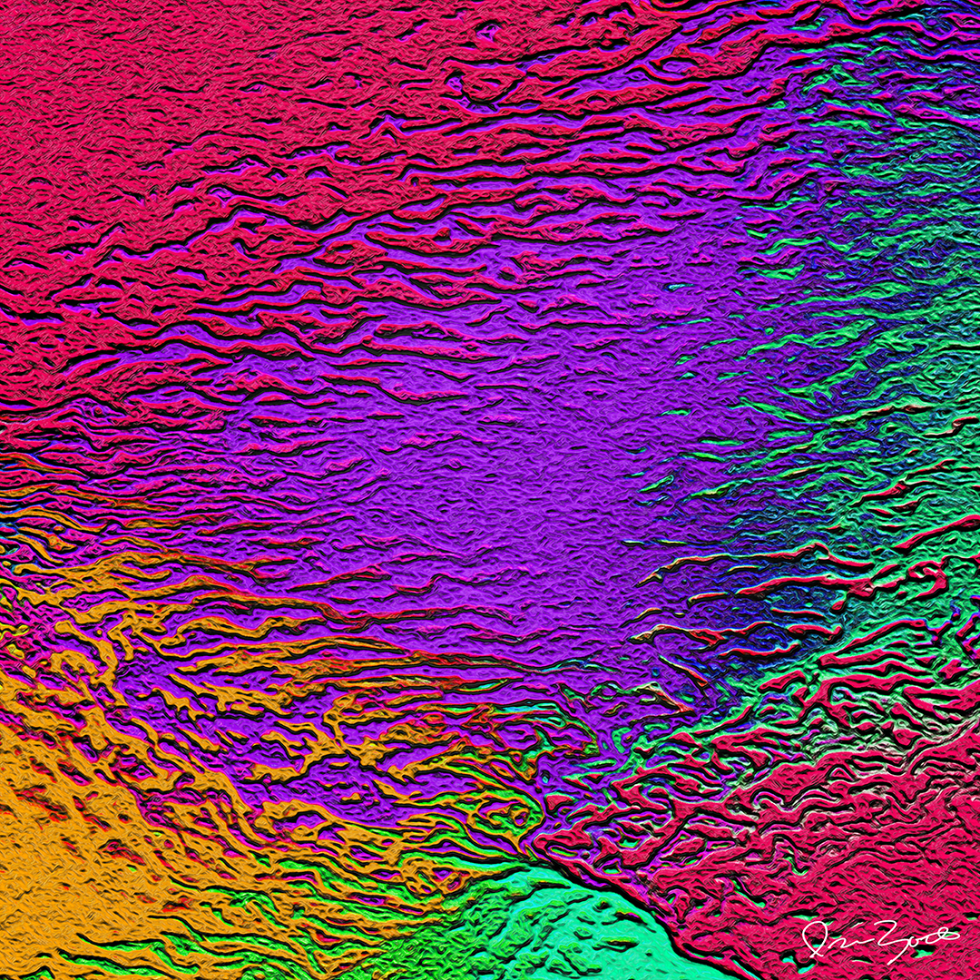 Square abstract digital painting of densely chipped magenta, violet, green and orange filaments around a calm violet centre.