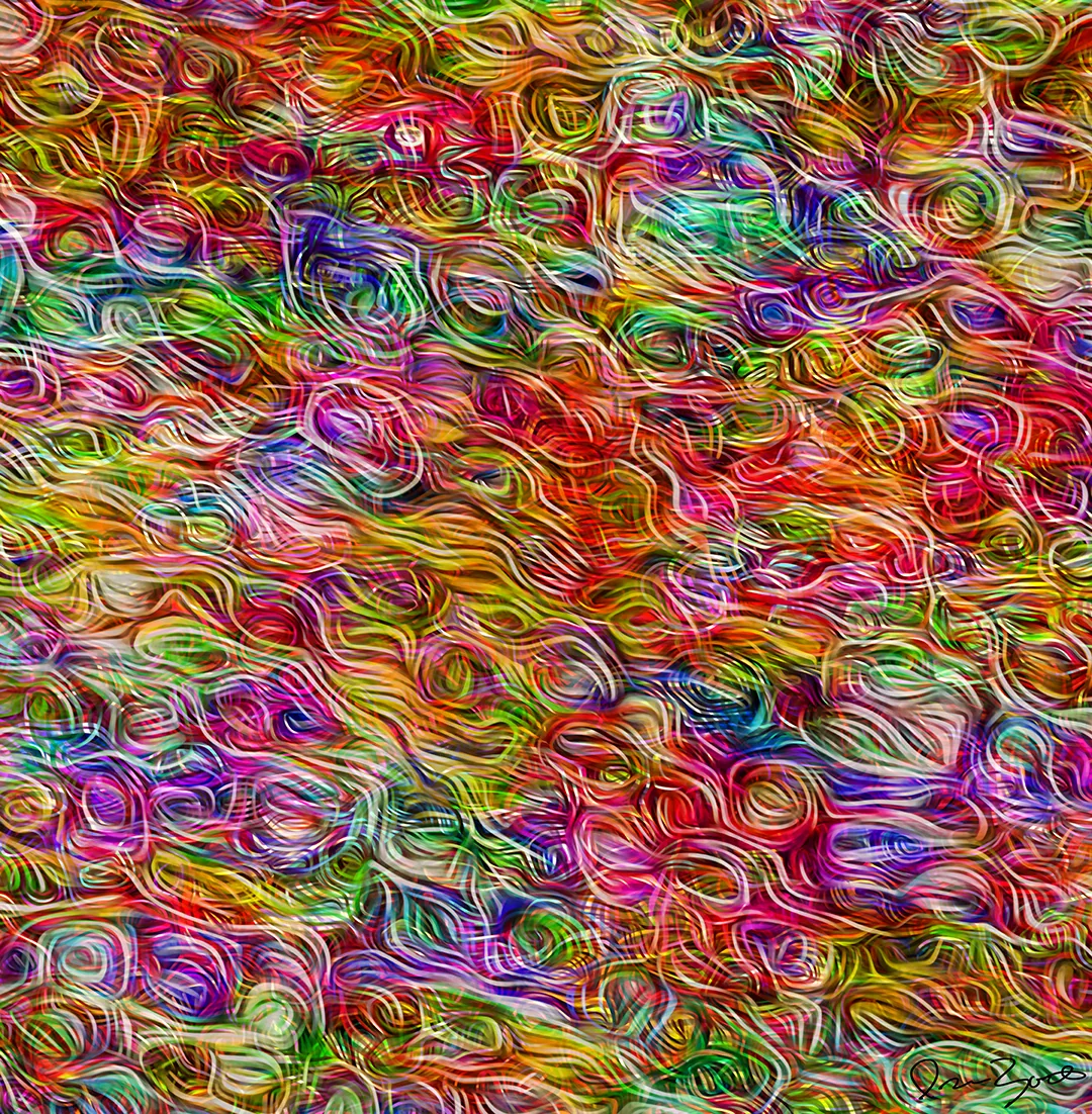 Square abstract digital painting filled with dense looping multicolored filaments in red, green, violet and cyan.
