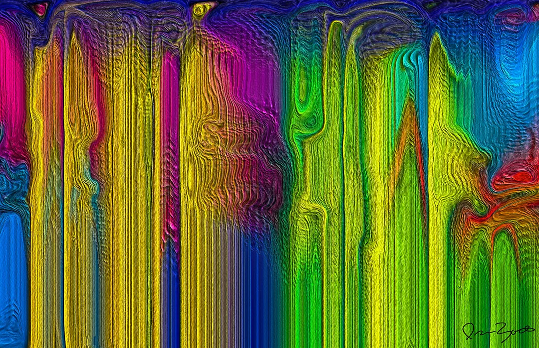 Horizontal abstract digital painting of tall combed vertical columns of yellow, green, magenta and cyan fibres with a red flare at the right.