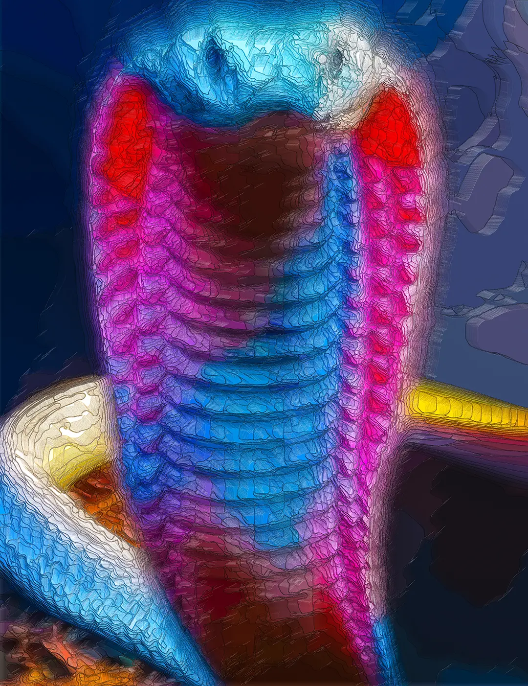 Digital painting of a reared king cobra with magenta and blue contour-line scales against a dark navy background.