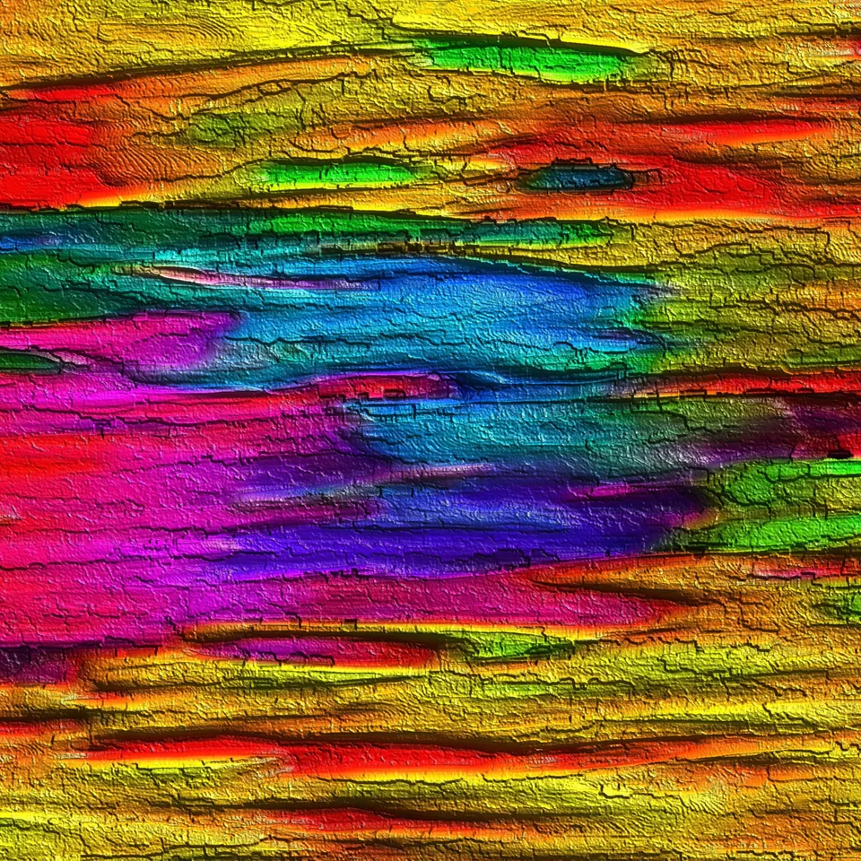 Square abstract work of long horizontal bands of rainbow colour with a cracked, weathered texture, cyan and magenta at the centre framed by yellow, orange and green.