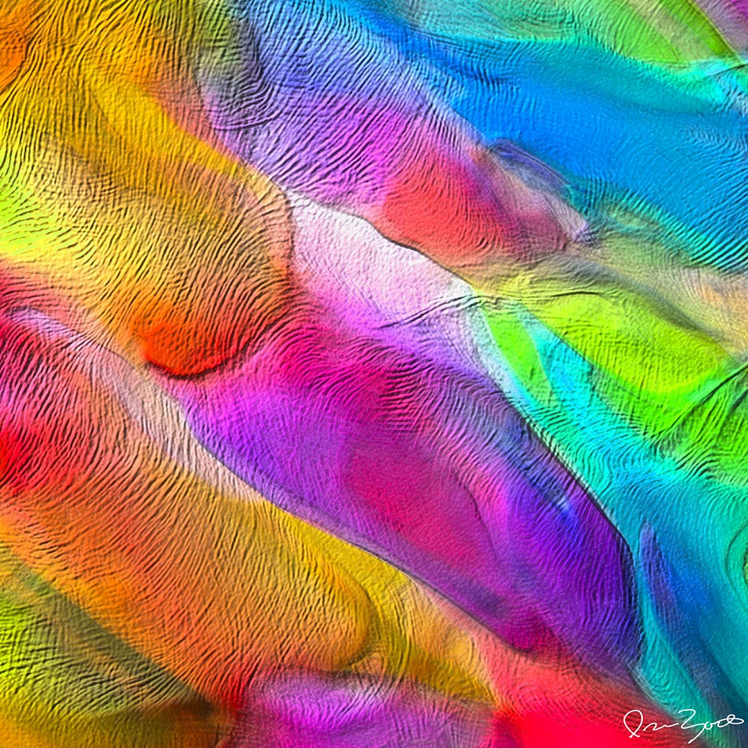 Square abstract digital painting of diagonal combed ridges shifting from orange and yellow into magenta, turquoise and cobalt.