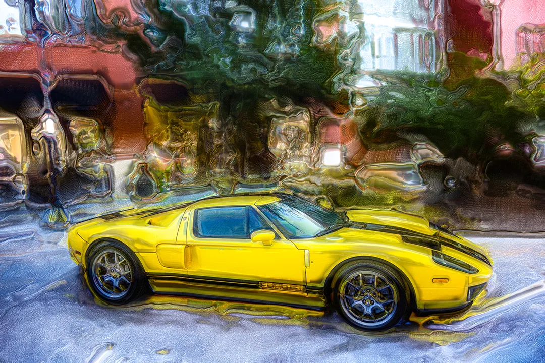 Digital painting of a yellow Ford GT with black stripes on a grey street, backed by green and copper swirled foliage and shopfronts.