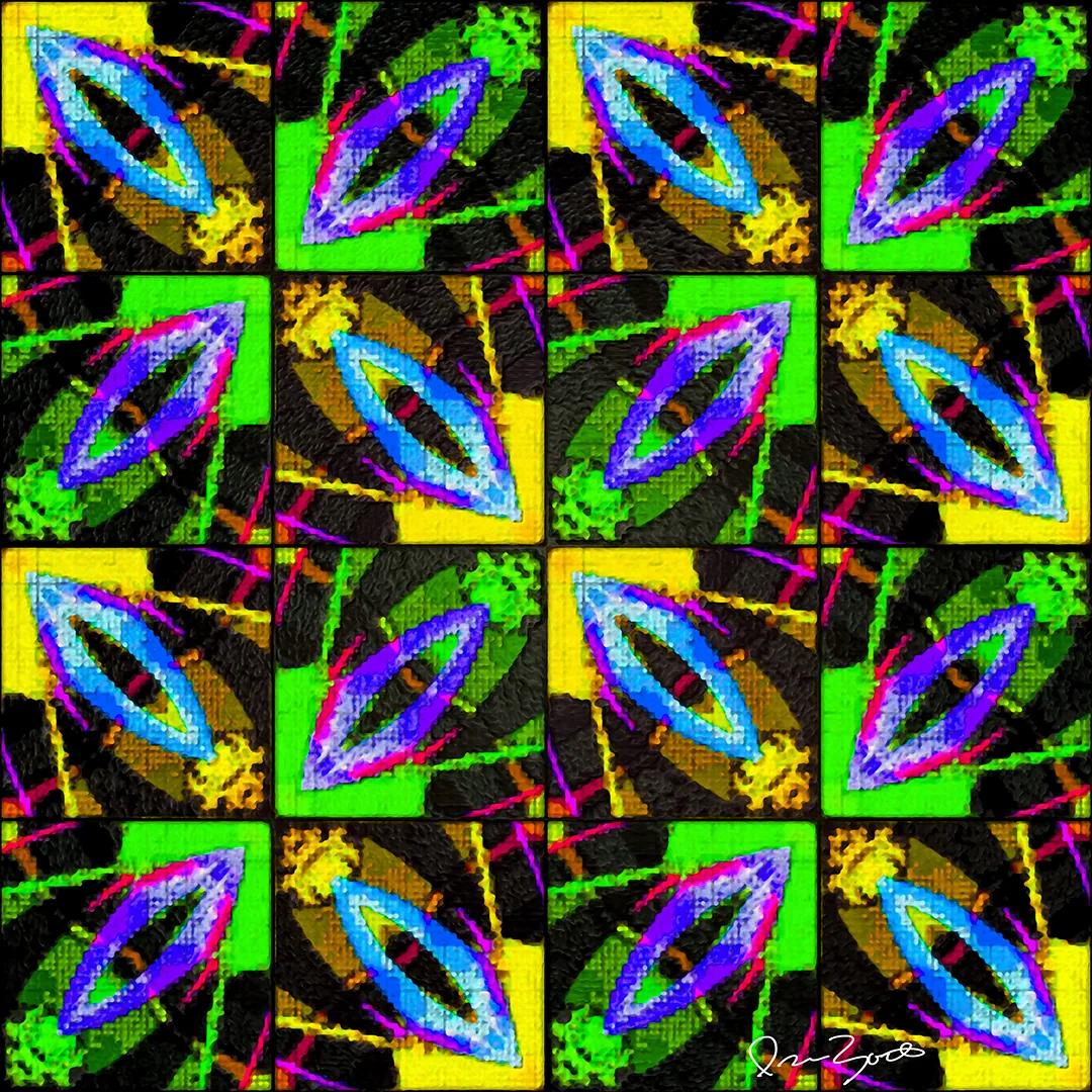 Square digital painting of a four-by-four grid repeating a blue and violet lens motif on green, yellow and black tiles.