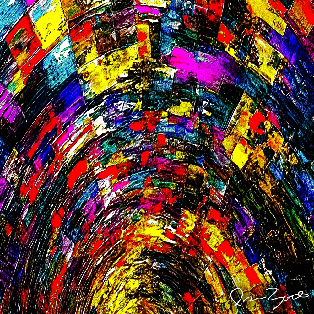 Square abstract digital painting of small tiles of yellow, red, blue and violet paint arranged along concentric arcs curving toward a bright yellow area at the bottom.