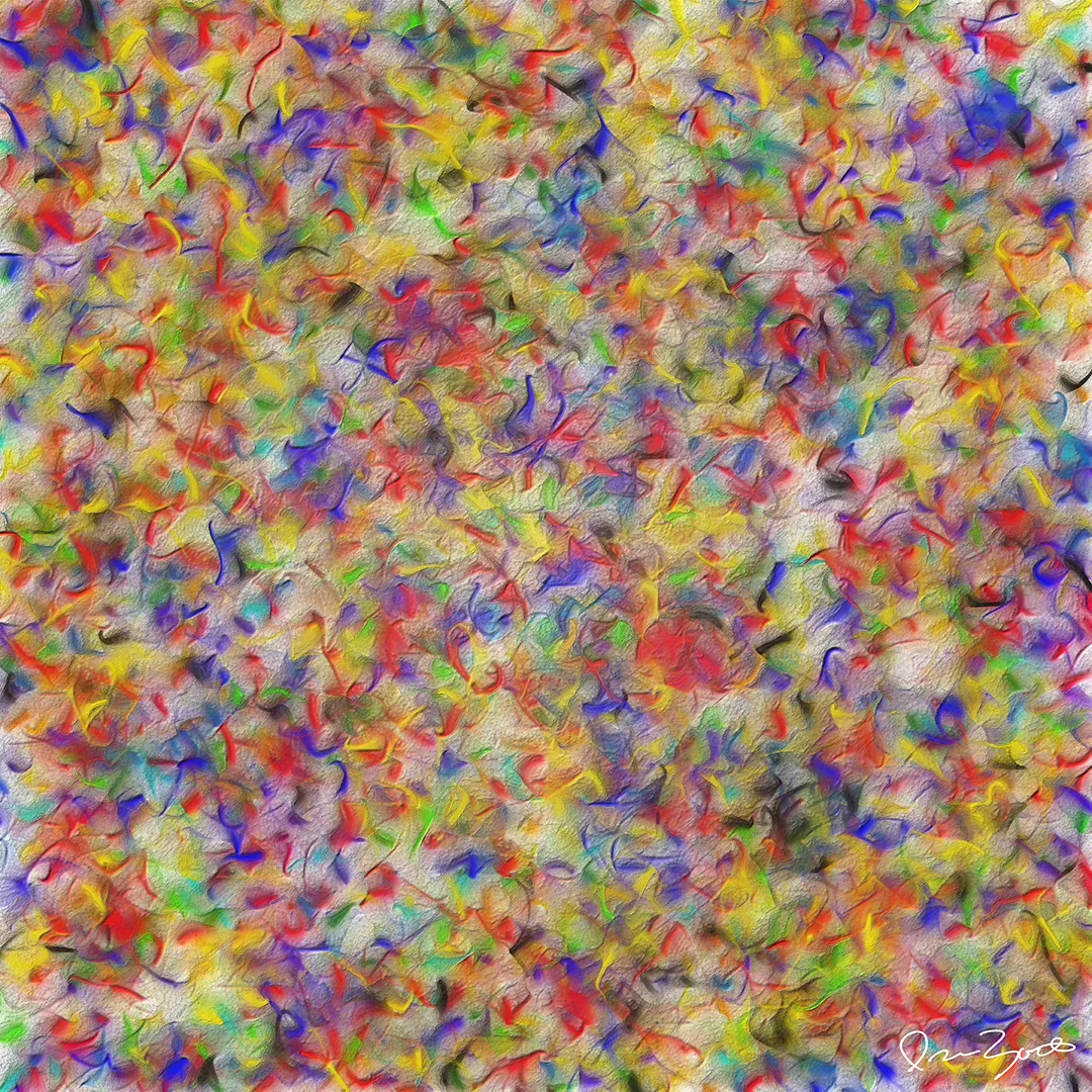 Square abstract digital painting with many small red, blue, green and yellow curved marks suspended in a pale silver haze.