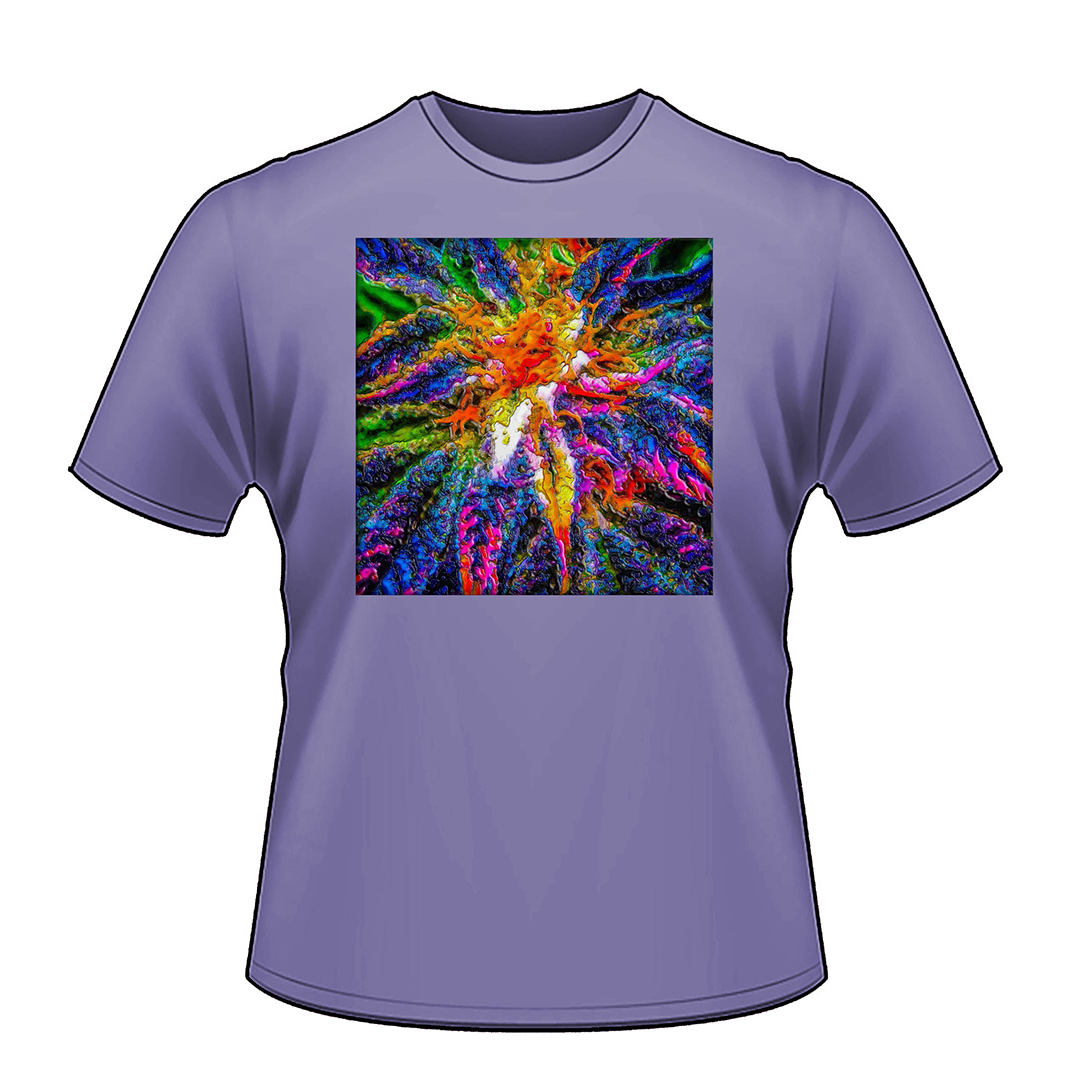 Heather violet t-shirt printed with a radial abstract bud in orange, magenta, blue and green.