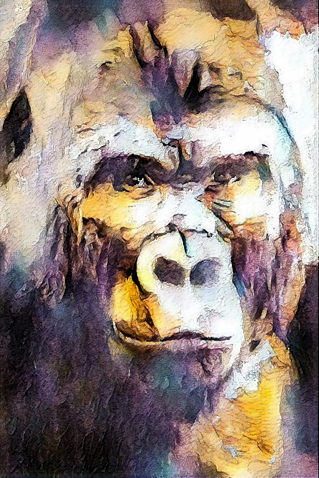 Digital watercolour portrait of a gorilla in violet, plum and gold washes with a pale muzzle and paper texture.