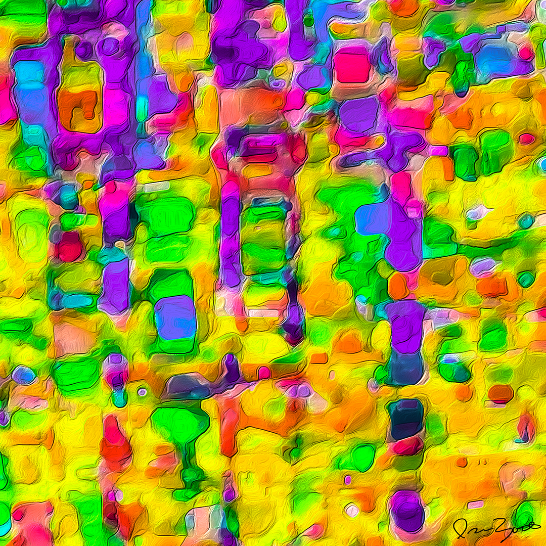 Square abstract digital painting of dense magenta, violet and green rounded blocks on a bright yellow field.