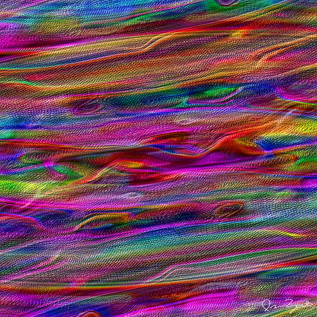 Square abstract digital painting of long diagonal combed ridges of magenta, scarlet, green and blue paint.
