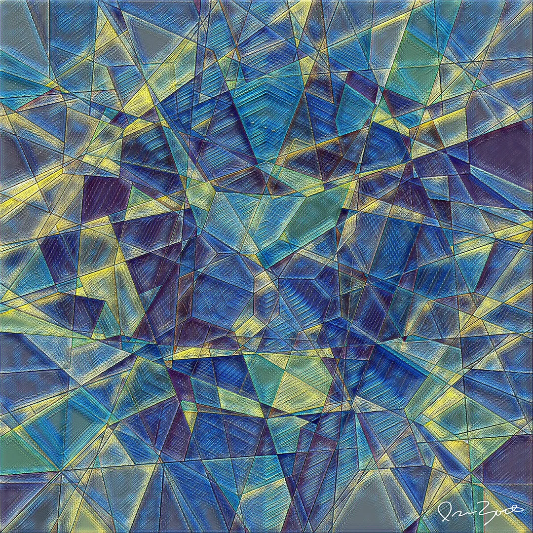 Square abstract digital painting of faceted blue, indigo and pale yellow geometric panes formed by crossing straight lines.